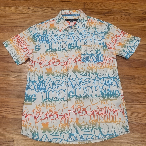 Just Attitude Men's graffiti hip hop button down short sleeve shirt, size M - Picture 1 of 3